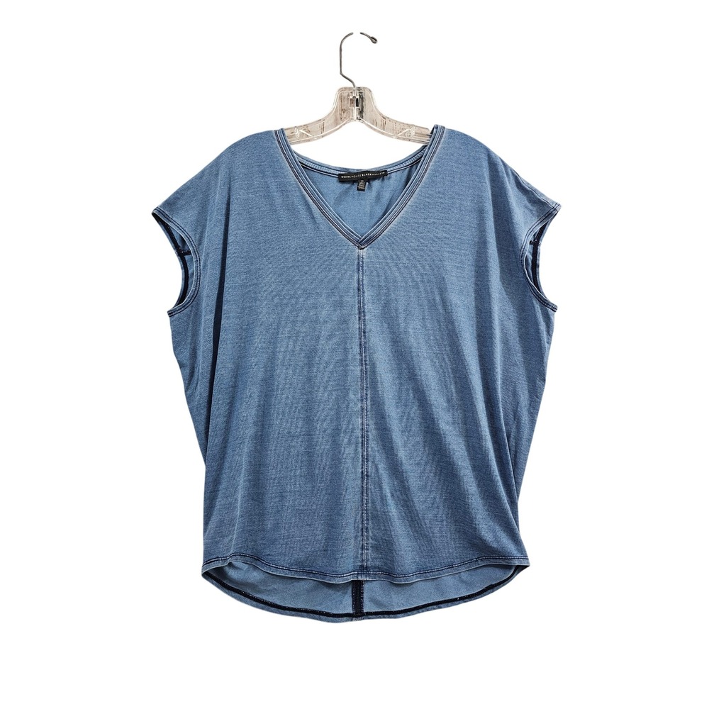 White House Black Market V-Neck Top Women Medium Blue Lyocell Stretch Cap Sleeve